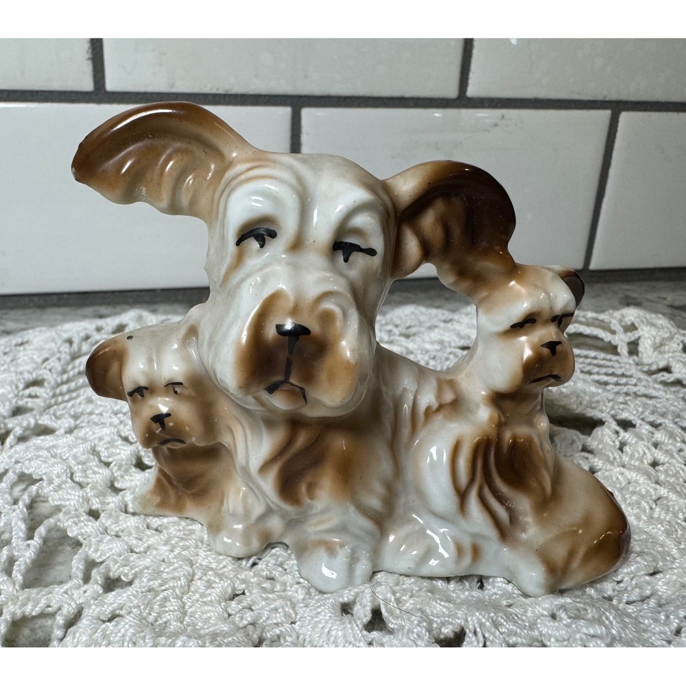 Vintage Japan Porcelain Dog Family Figurine Brown White Glazed Puppies 4.25"